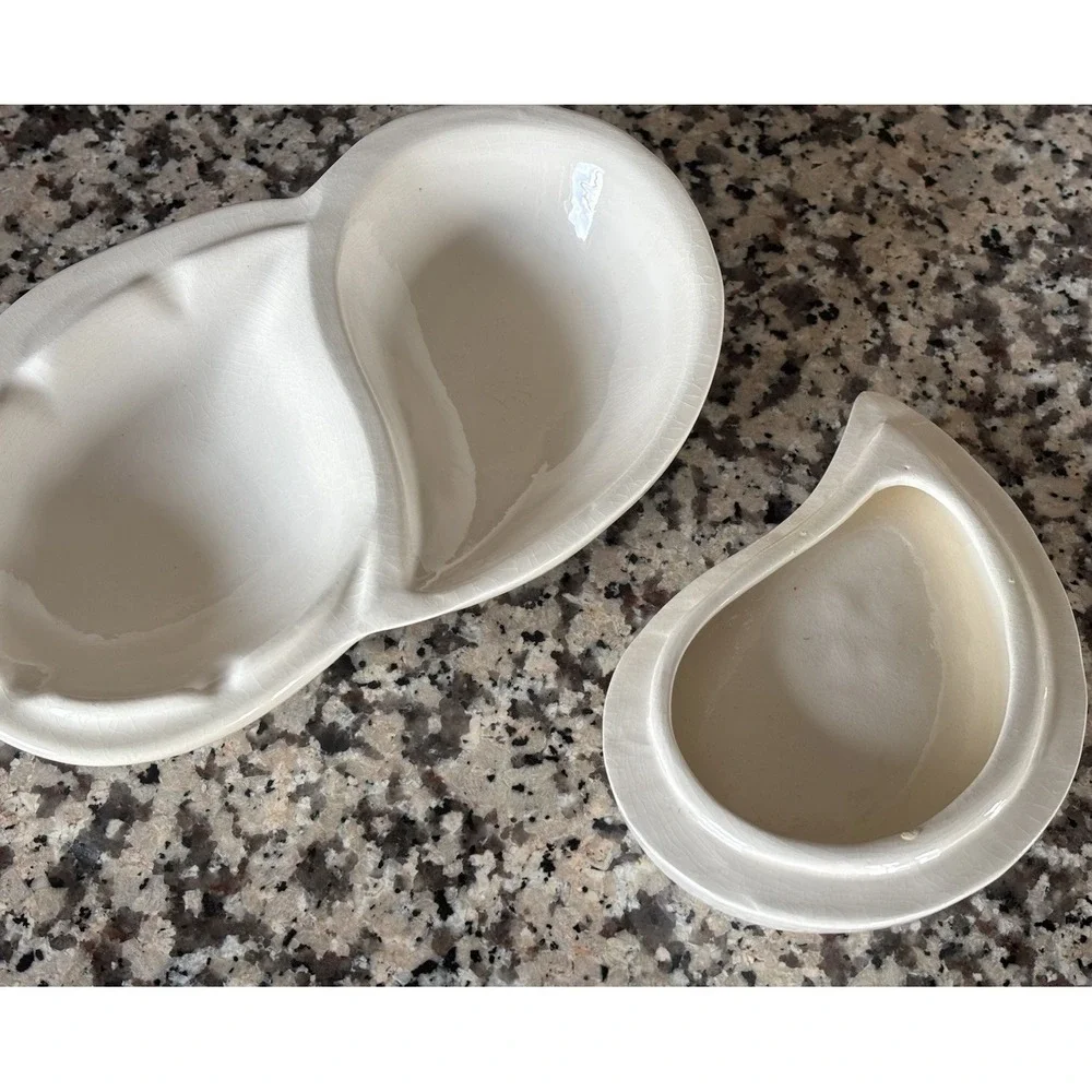 Vtg Yin Yang Amoeba Ashtray w Lidded Cigarette Match Holder White MCM Ceramic